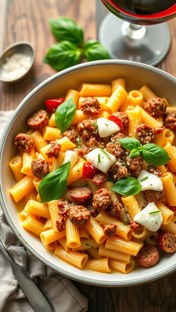 A bowl of creamy Italian sausage pasta garnished with cheese and basil on a wooden table.